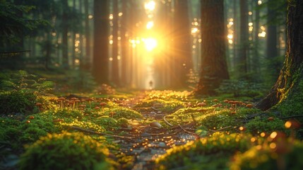 Obraz premium Amazing forest. Morning light The sun is just rising. Moss on the ground. Mushrooms scattered in the forest. morning dew water drops and grass In the foreground, hikers are on the forest path.
