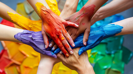 Multiple hands with colorful painted palms stacked together, symbolizing unity, teamwork, and creativity among diverse individuals.