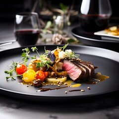 Beef steak with vegetables on a black plate. Restaurant menu.
