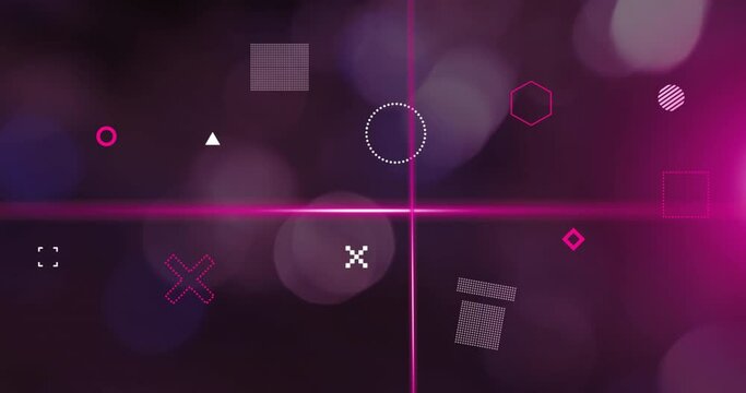 Animation of rotating shapes and pink scanner beams over bokeh white lights on dark background