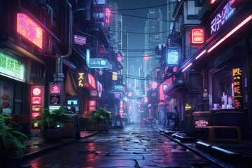 A neon Light, rain slicked alleyway in a futuristic city, with holographic advertisements swirling overhead and augmented reality displays flickering on passersby's glasses, Ai generated - Powered by Adobe