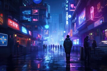 A neon Light, rain slicked alleyway in a futuristic city, with holographic advertisements swirling overhead and augmented reality displays flickering on passersby's glasses, Ai generated - obrazy, fototapety, plakaty