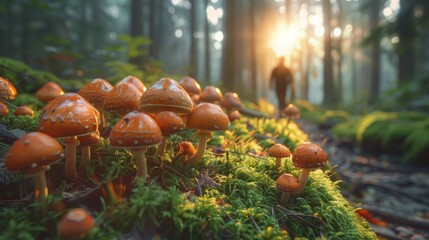 Amazing forest. Morning light The sun is just rising. Moss on the ground. Mushrooms scattered in the forest. morning dew water drops and grass In the foreground, hikers are on the forest path.