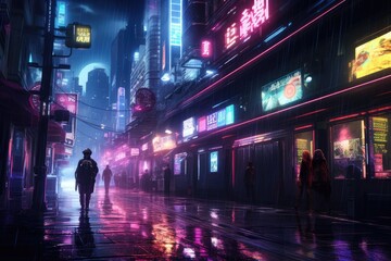 A neon Light, rain slicked alleyway in a futuristic city, with holographic advertisements swirling overhead and augmented reality displays flickering on passersby's glasses, Ai generated - obrazy, fototapety, plakaty