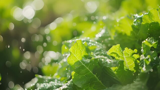 The intricate pattern of a leafy green lettuce plant with droplets of water from irrigation sparkling on its surface.