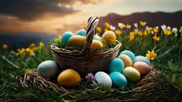 Eeaster eggs colorful pastel colors on table in the basket Happy Easter day	