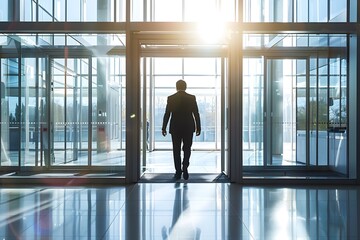 Fototapeta na wymiar Businessman Walking into Bright Office, To convey a sense of ambition, drive, and professional success in a contemporary corporate setting