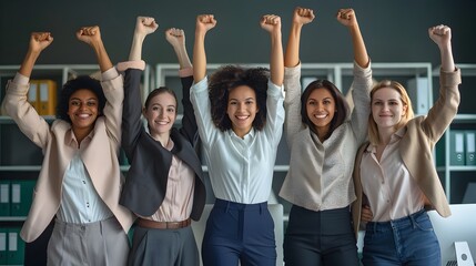 Celebrating Business Success with High Fists, To convey a message of empowerment, diversity, and celebration in a business context, appealing to - obrazy, fototapety, plakaty