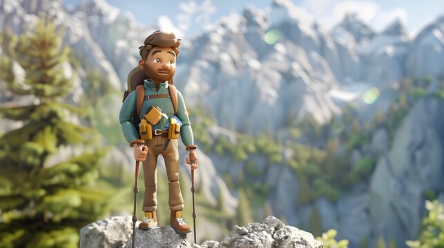 Cartoon Man Standing on a Mountain Peak, This image would be great for advertising outdoor gear, travel agencies, or any brand looking to promote a