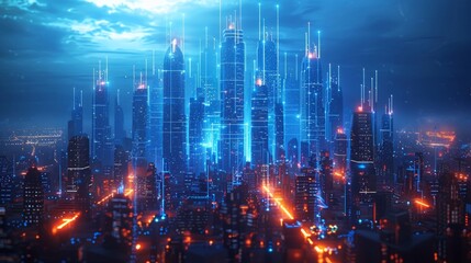 Fototapeta premium A futuristic city in neon and gold-yellow or orange light. Abstract background. The concept of modern technologies