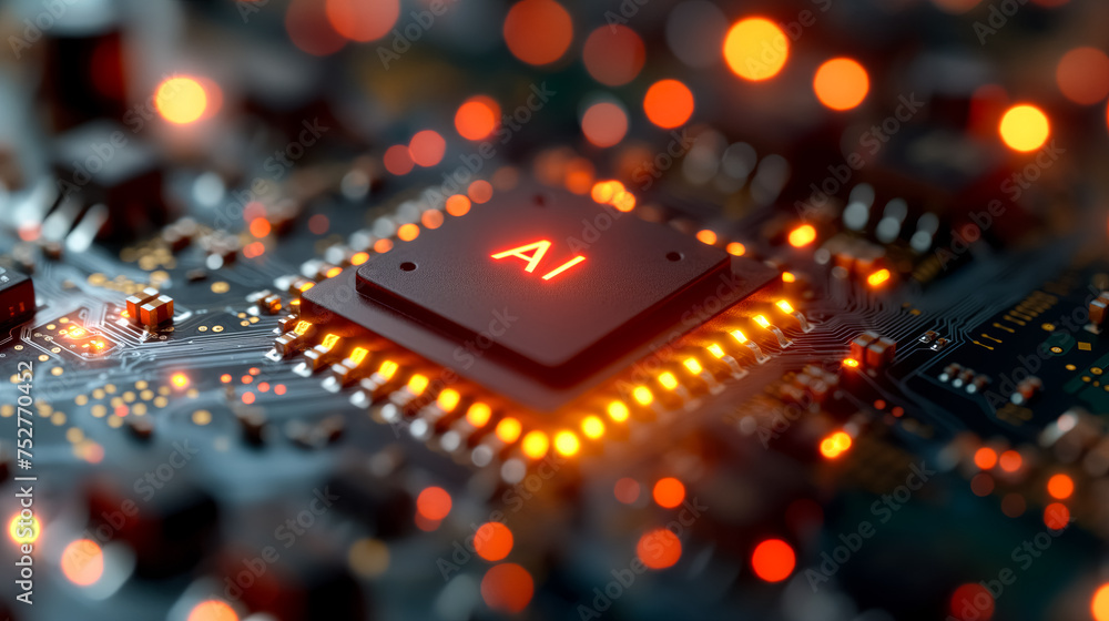Poster advanced computer processor chip with ai acceleration in dark digital environment.