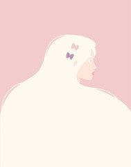 Albinism and selflove concept. Portrait of albino woman. Woman with white hair. International Albinism Awareness Day. Banner with copy space. Albino girl and developing white hair. Vector illustration