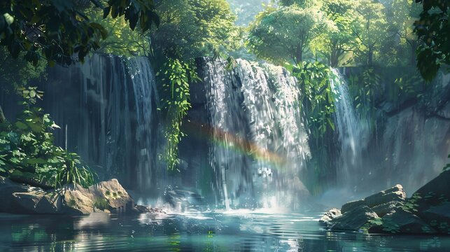A Rainbow in Paradise A Fantasy Waterfall Scene Generative AI