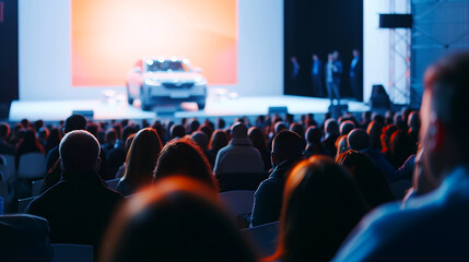 Image of a new car being presented on stage in a large venue.