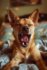 Obraz premium brown dog is lying on bed with its mouth yawning