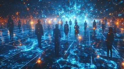 Glowing Blue Network A Futuristic Scene of People in a Blue-lit Space Generative AI - obrazy, fototapety, plakaty