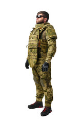 Full length portrait of man soldier wearing ammunition on white background