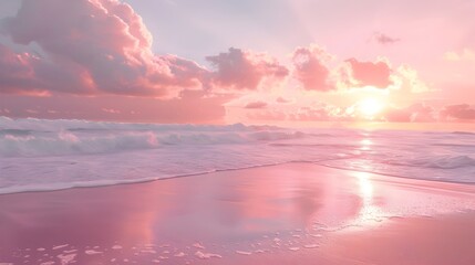 Pink Sunset Over Tranquil Ocean Beach, To evoke feelings of tranquility, peace, and warmth, and to serve as a beautiful background or desktop image, - obrazy, fototapety, plakaty