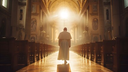 Priest Walking in Church with Cinematic Lighting, To convey a sense of religious faith and devotion, suitable for use in religious publications, - obrazy, fototapety, plakaty