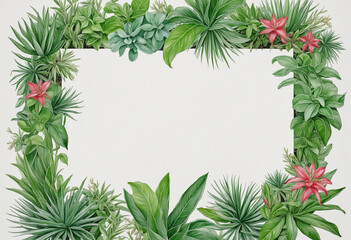 A cluster of houseplants as a frame border, copyspace