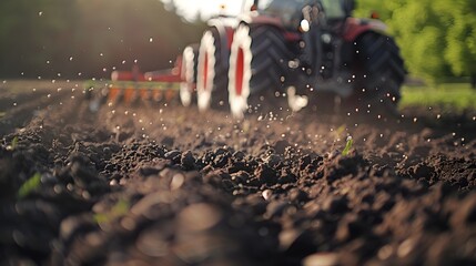 Tractor Plowing Field in Bokeh Panorama, To represent agriculture and farming life, highlighting the beauty and importance of the hard work and
