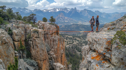 Obraz premium Slackline Balance: Walking the Line Together