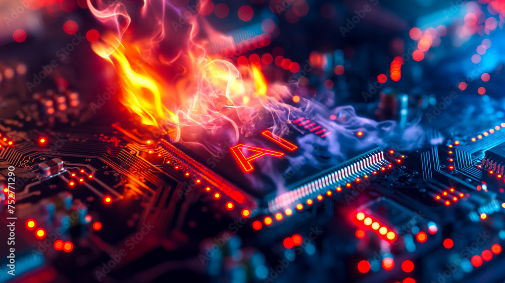 Poster advanced computer processor chip with ai acceleration is burning in dark digital environment.