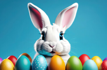 Cute Easter bunny with colorful easter eggs on blue background. Happy Easter concept