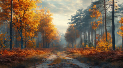 Beautiful autumn forest in national park 'De hoge Veluwe' in the Netherlands. - obrazy, fototapety, plakaty