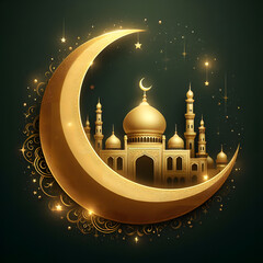 Golden crescent moon with mosque, arabic holiday design, isolated a dark green background, Golden Mosque, Celebrating Ramadan