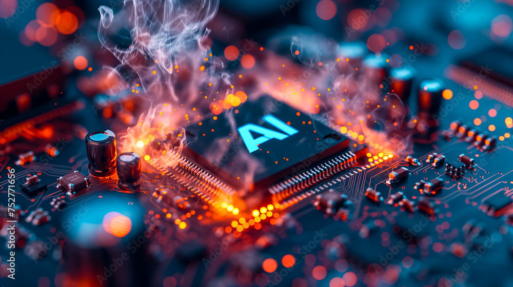 Aufkleber advanced computer processor chip with ai acceleration is burning in dark digital environment.