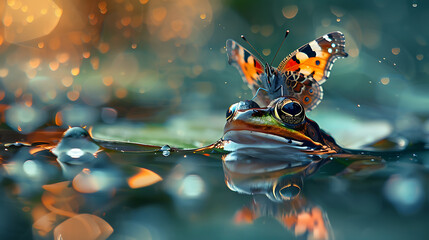 butterfly sits on frogs head - obrazy, fototapety, plakaty
