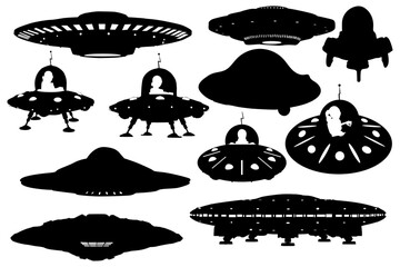 UFO Flying Saucer Shapes Silhouettes on white Background