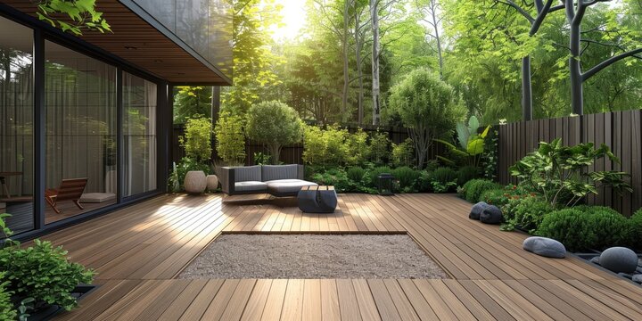 Gorgeous contemporary terrace with wood decking. Generative Ai