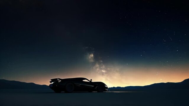 The silhouette of the car is seen against a backdrop of a vast starry sky hinting at the journey to unknown galaxies that this vehicle is capable of.