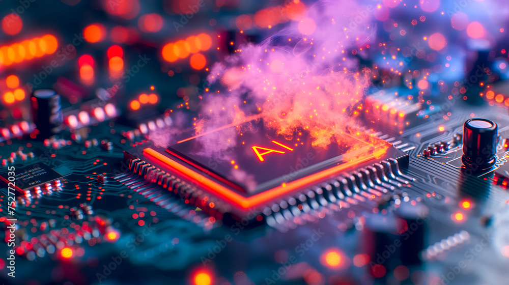 Poster advanced computer processor chip with ai acceleration is burning in dark digital environment.