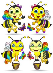 A set of illustrations in the style of stained glass with cartoon bees, bright animals isolated on a white background