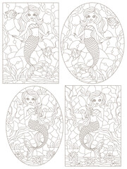 Set of contour illustrations of stained glass Windows with mermaids, dark contours on a white background