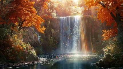 Fall Foliage Frenzy A Spectacular Waterfall Scene Generative AI