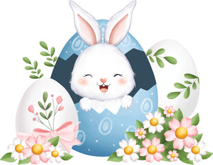 Watercolor Illustration Easter Rabbits in Egg with Flowers