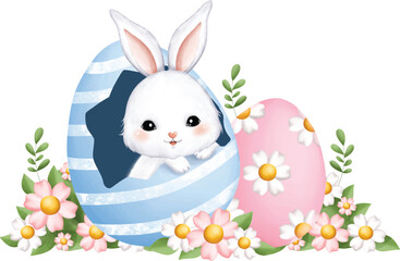 Watercolor Illustration Easter Rabbits in Egg with Flowers