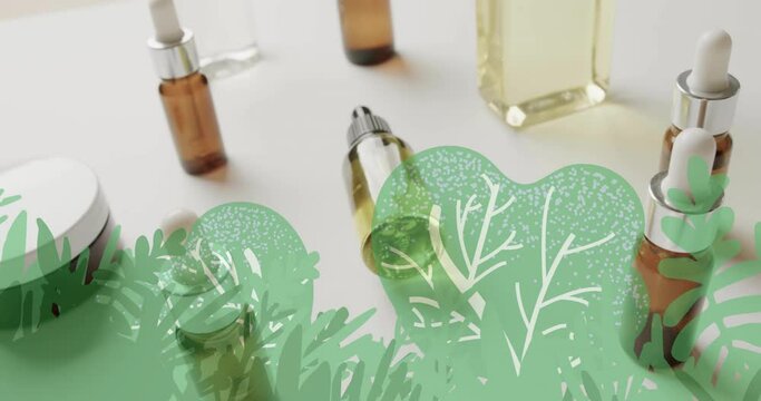 Animation of green plants leaves and trees over organic beauty products in jars and bottles