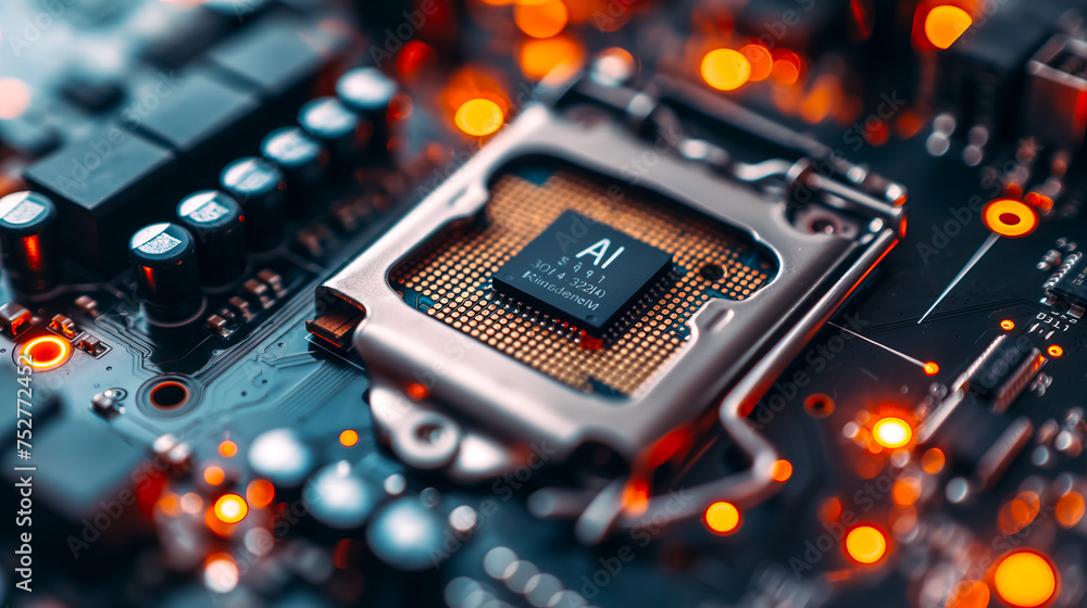 Poster advanced computer processor chip with ai acceleration in dark digital environment.