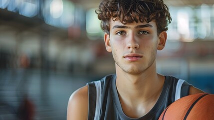 Young Man with Basketball in Gymnasium, To convey a sense of determination, focus, and athleticism in a contemporary and realistic style - obrazy, fototapety, plakaty