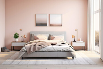abstract minimalist bedroom interior in pastel peach and pink colors. High quality illustration created with generative ai technology