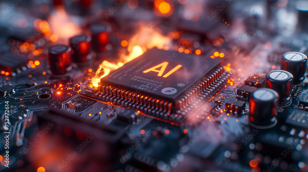 Poster advanced computer processor chip with ai acceleration is burning in dark digital environment.