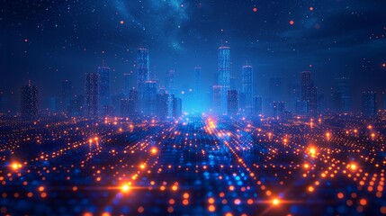 Obraz premium A futuristic city in neon and gold-yellow or orange light. Abstract background. The concept of modern technologies