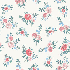 Delicate watercolor seamless pattern depicting pink, red and blue flowers on a light background.