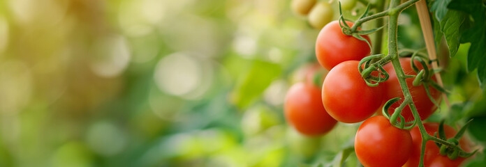 Tomatoes vegetable plant on the garden. Close up. Copy space for text. Blurred background. Banner slider template. - 752772694