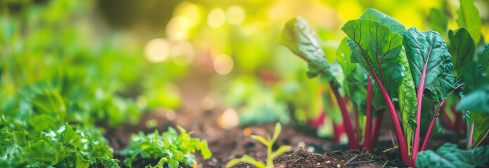 Swiss chard vegetable plant on the garden bed. Close up. Copy space for text. Blurred background. Banner slider template. - 752772823